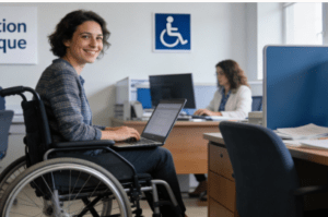 Agent public en fauteuil roulant travaillant dans un bureau administratif, entouré de collègues, dans un service public.