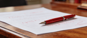 Copie de concours annotée au stylo rouge sur un bureau